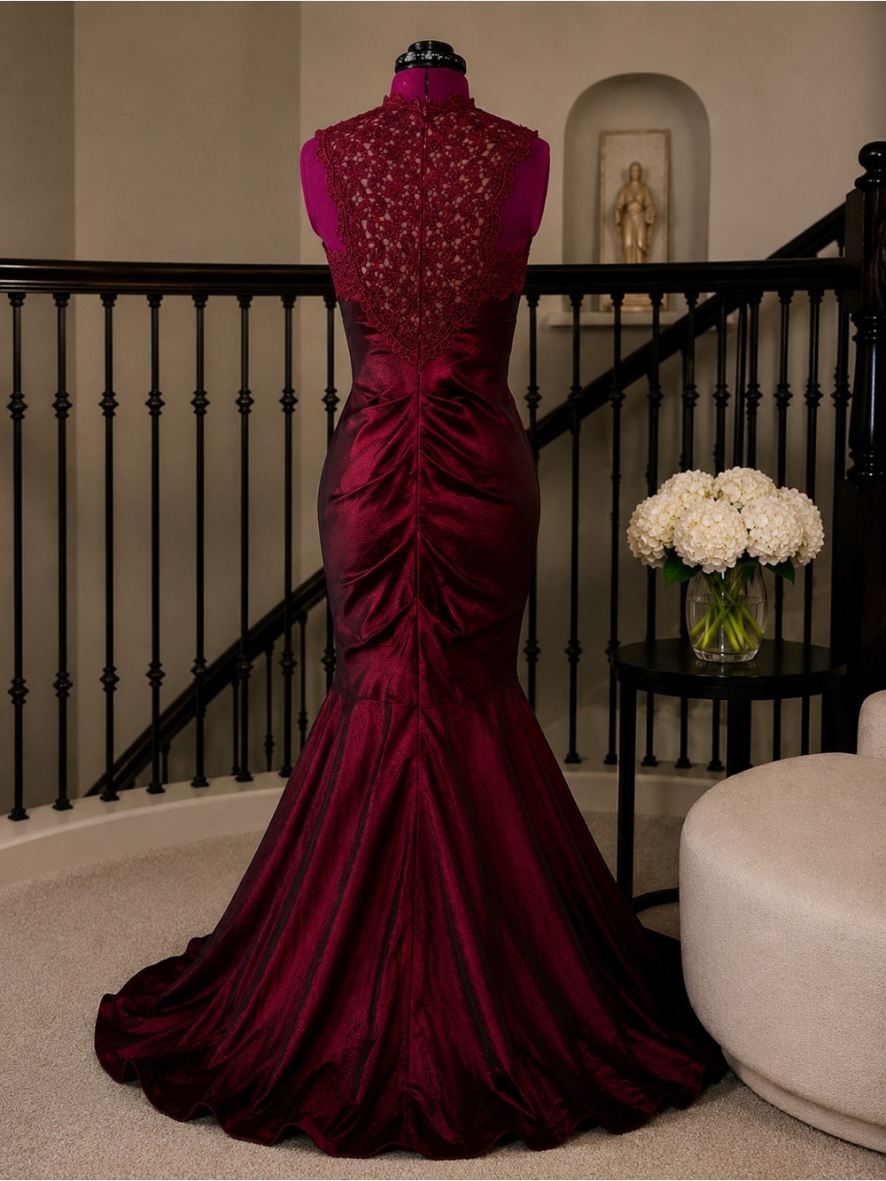 Xscape Burgundy Lace-Accented Mermaid Maxi Dress - Picture 4 of 4